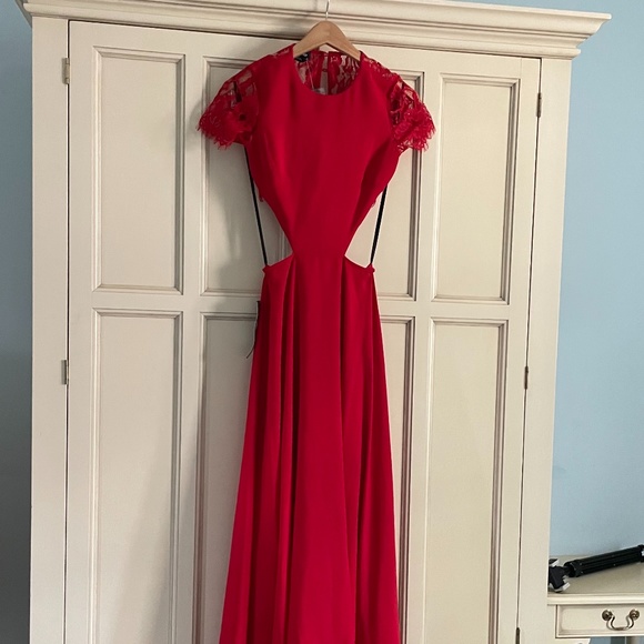 Bebe NWT Red Maxi Chiffon Eyelash Lace Backless Red Dress 2 - Picture 8 of 8